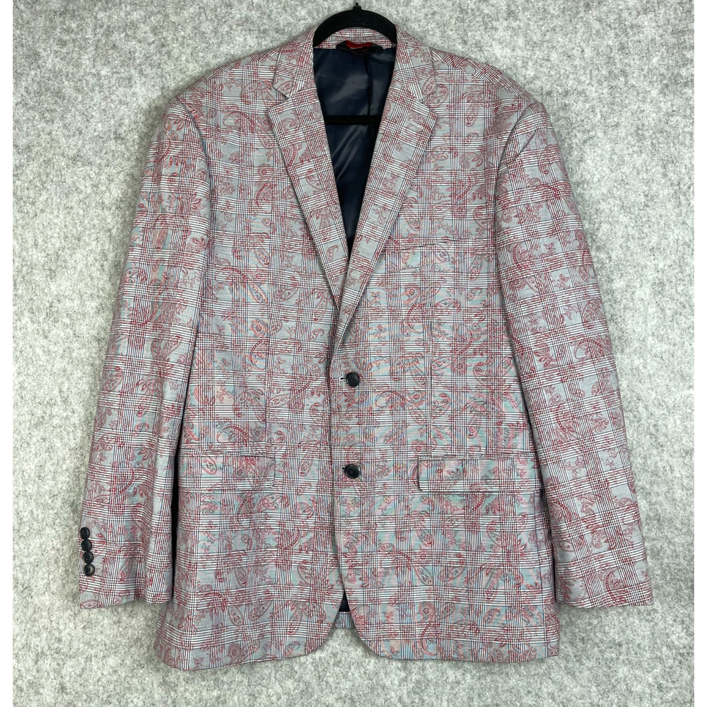 Linea Uomo Blazer Sport Coat Mens 46R Gray Red Paisley Plaid Cotton 2 Button